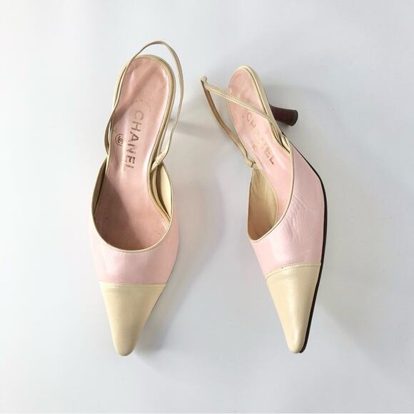 Vintage Chanel Pastel Pink Cap Toe Slingback Kitten Heel Pointed Toe Pumps 36 - Picture 1 of 11